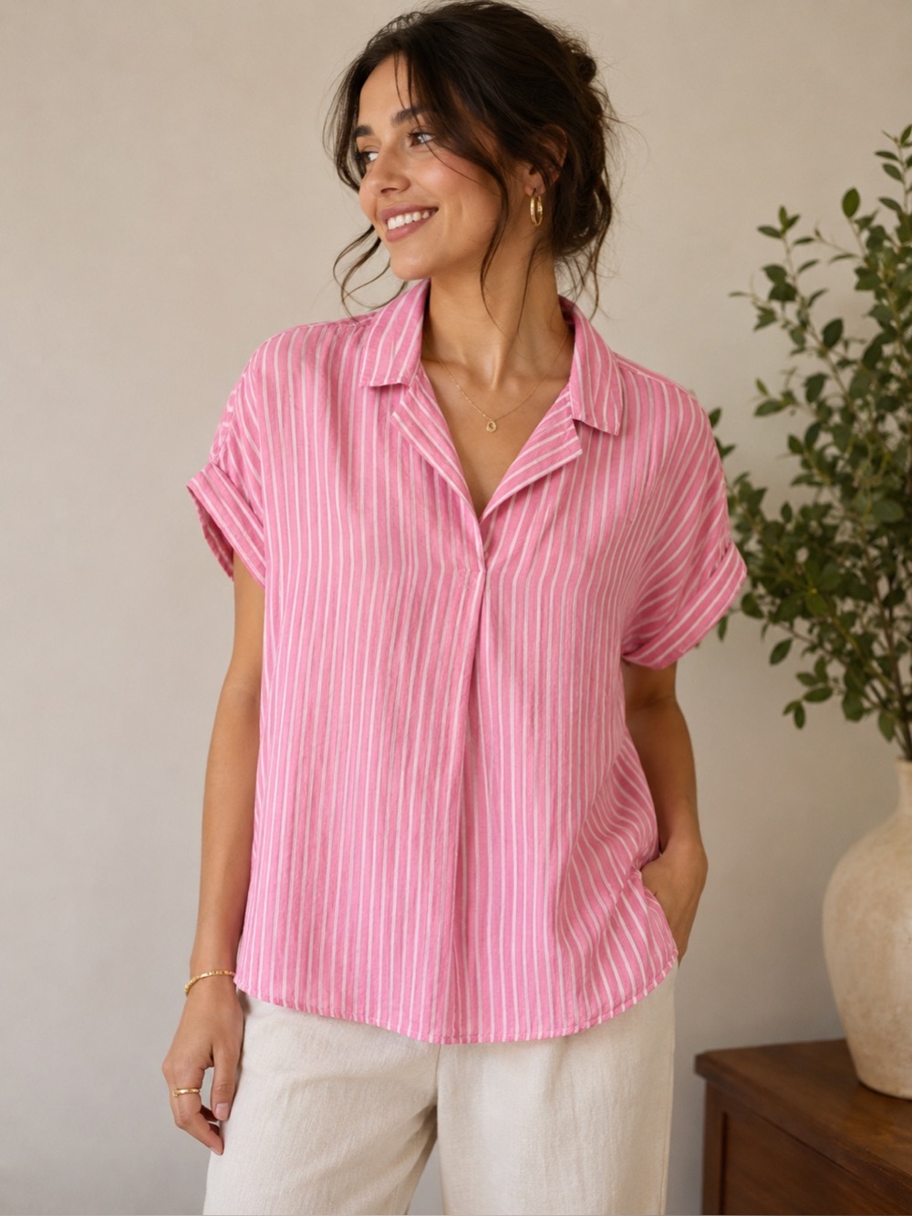 BeachLunchLounge Women’s Dessie Stripe Popover Top in Cali Pink Size XL